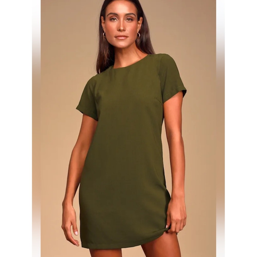 NWT Lulus Medium Shift Shout Olive Green Shift Dress Short Sleeve XS